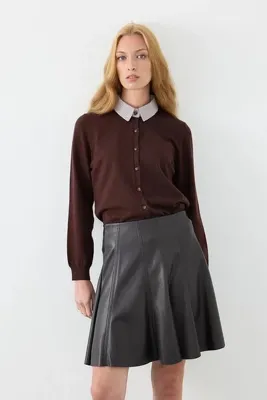 Gusto Kloş Deri Mini Etek - Kahverengi