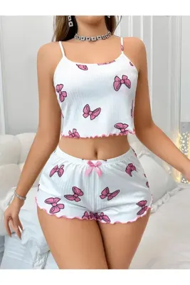 Genel Markalar Kadın Beyaz Pembe Fiyonk Desenli Askılı Crop Şortlu Pijama Takımı
