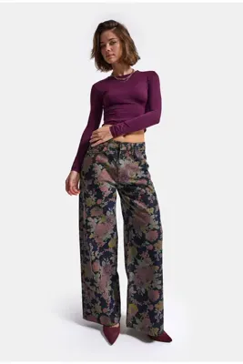 it's basic Kadın 1w6-98 Mega Baggy Çiçek Desen Özel Kumaş Denim Jean