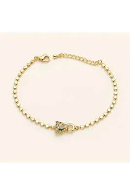 Genel Markalar AyLi Jewelry Kadın Gold Yeşil Gözlü Panter Figürlü Taşlı Ayarlanabilir Bileklik