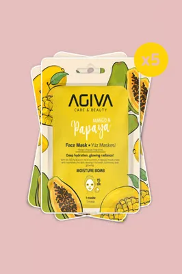 agiva care& beauty Mango&Papaya Yoğun Nem İçeren Canlandırıcı Kağıt Yüz Maskesi 5'li Set-Nemlendirici Etki