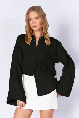 Manche Siyah Kolları Salaş Yıkamalı Müslin Oversize Rahat Kalıp Kadın Basic Gömlek| Mk166881