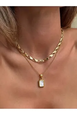 Eylülün Takısı Kadın Gold Renk Tasarım Zincir ve Sedefli Figür 2 Ayrı Çelik Kolye