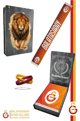 Galatasaray Orijinal Lisanslı Çift Yön Baskılı Şal Kaşkol ve Bileklik Set Atkı Aslan Baskılı Kutulu