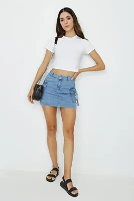 Select Moda Kadın Mavi Kargo Cepli Mini Denim Etek