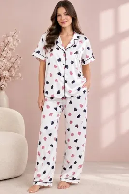 Genel Markalar Desenli Kısa Kollu Gömlek Yaka Saten Pijama Takımı