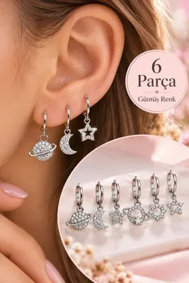 Sacce Scarves&Accessories Yıldız Gezegen Kuzey Yıldızı Küpe Seti 6 Parça Çok Yıldızlı Küpe Gümüş Renk