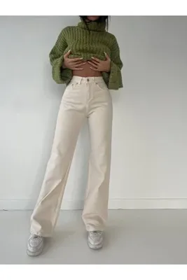 Shield Life BEJ PALAZZO Geniş Paça Kadın Yüksek Bel Bej Jeans Salaş Bej Kot Pantolon Palazzo Julia