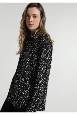 Colins Boyfriend Fit Shirt Neck Baskılı Kadın Siyah Uzun Kol Gömlek