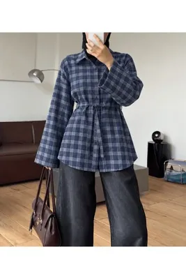 Hepsi Moda Geniş Kol Küçük Ekose Gömlek - 89216- Indigo & Gri ( ÖS )