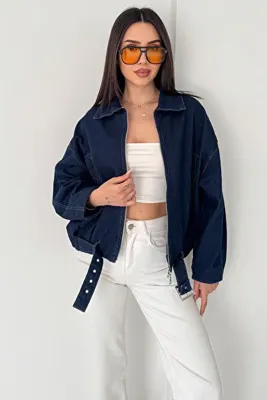 Noa&Noa Kadın Kemer Detaylı Kot Ceket – Oversize Fermuarlı Denim Ceket Lacivert