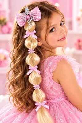 BUCHE Kız Çocuk Rapunzel Örgü Görünümlü Uzun Takma Saç Tokası – Taşlı Fiyonk ve Kurdele Detaylı, Pembe ve Mavi Renk Seçenekli
