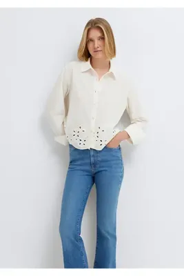 Mavi Dantel Detaylı Ekru Gömlek Loose Fit / Bol Rahat Kesim 1211463-70060
