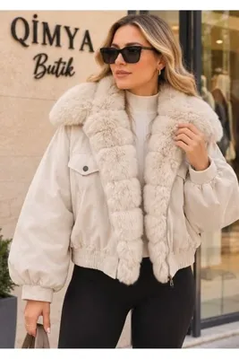 QİMYA BUTİK ROBİN Kadın Yakası ve Ön Patı Seyyar Kürklü Gabardin Şişme Oversize MONT