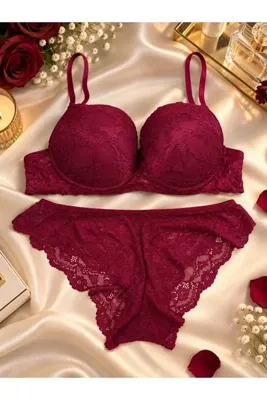 Genel Markalar SKIN&SECRET Kadın Bordo Dantelli Sütyen Külot Takımı Çiçek Desenli Ayarlanabilir Askılı Şık İç Giyim Seti