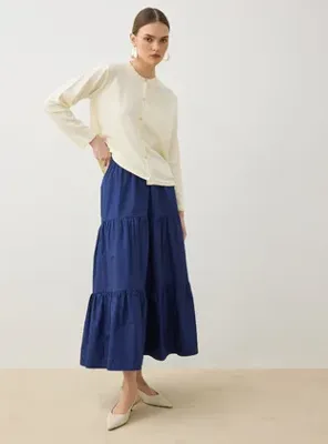 Refka Beli Lastikli Kat Detaylı Poplin Basic Etek - Lacivert - Refka