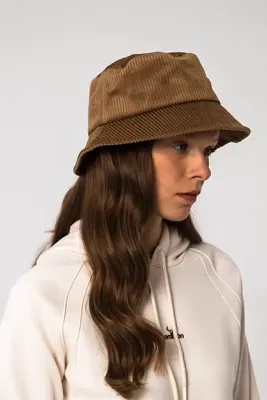Nordbron Unisex Kahverengi Kadife Desenli Basic Kova Bucket Model Şapka Geniş Logolu Deri Etiket Detaylı