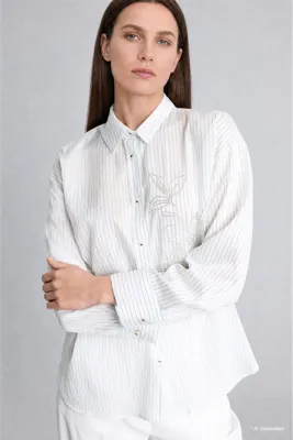 DeFacto Relax Fit Çiçek Motifli Uzun Kollu Beyaz Gömlek G9132AX26SP