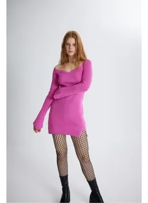 Holly Lolly İspanyol Kol Kalp Yaka Yırtmaç Detaylı Mini Triko Rolla Elbise Pembe