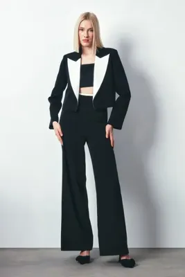 Sateen Kontrast Kısa Ceket - Siyah