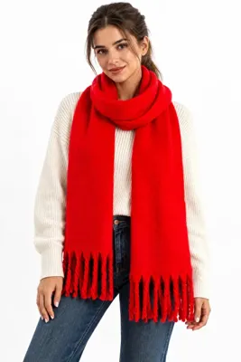 Bermody Puffy Kırmızı Yumuşak Dokulu Kadın Atkı Şal Omuz Şalı 50x 190 cm Sevgililer Günü