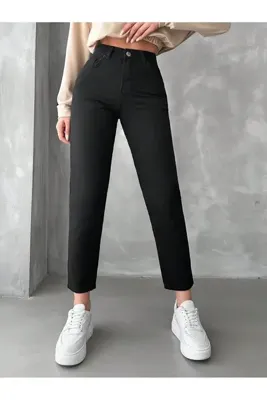 ByCukurovaFrango Jaxen Solmayan Siyah Kot Yüksek Bel Likralı Ekstra Esnek Mom Jeans Kot Pantolon