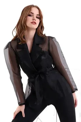 Mois Atelier Siyah Organze Şifon Tül Gömlek Ceket Abiye Tasarım Hediye Büyük Beden Tesettür