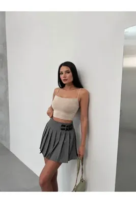 Eleganza Divina Çizgili piliseli mini etek