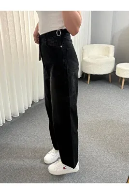 Shield Life ALLEY Yandan Çift Kemerli Siyahi Kadın Jean Kot 2025 Yeni Model Pantolon Geniş Paça Oversize Model