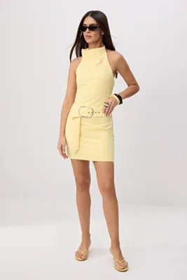 TRENDYOLMİLLA Açık Sarı Boyundan Bağlamalı Bodycone/Vücudu Saran Kısa / Mini Dokuma Elbise TWOSS26EL00526