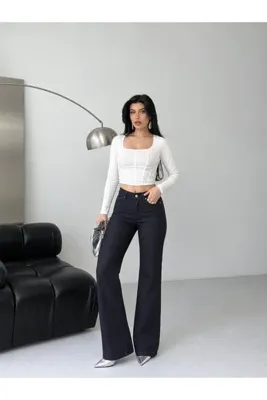 Coşkun GİYİM Kadın İspanyol Paça Mumlu Pantolon LACİVERT 7071-73