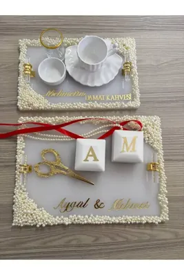 Genel Markalar Afrodit Nişan Lüks İncili Kristal Taşlı Nişan Tepsi Seti - Kişiye Özel Işıklı Yüzük Kutulu Söz Tepsisi ve Damat Kahvesi Sunum Seti