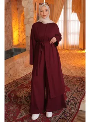 İmajButik Bordo Hırka Bluz Pantolonlu Geniş Kalıp 3'lü Modal Takım