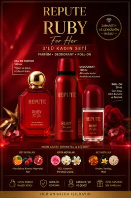 repute Ruby Kadın Parfüm Seti EDP 100 ml Deodorant 150 ml Roll-On 50 ml Çiçeksi Meyveli Koku Ailesi