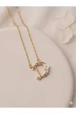 Tiştok accessory Çelik Zincir Çiçekli Mineli D Harfi Vintage Kolye- Özel Tasarım Pirinç Harf Ucu-Hediye