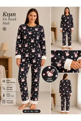 MiŞa adella Kadın Peluş Detaylı Süet Pijama Takımı Yumuşak Dokulu Kışlık Pijama Takımı