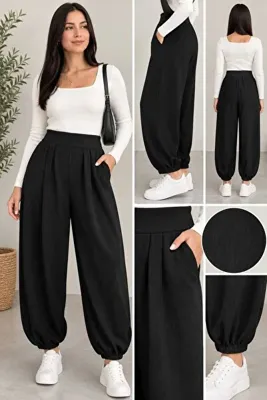 Umay moda 59 Kadın Siyah Bol Paça Şalvar Pantolon | Yüksek Bel Pileli, Kendinden Çizgi Desenli Oysh Kumaş , Yandan Cepli, Lastikli Paça