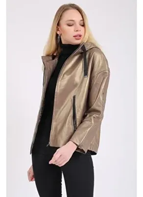 Maroquin Leather Gaga Kadın Kapüşonlu Deri Mont
