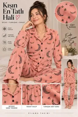 MiŞa adella Kadın Önden Düğmeli Süet Pijama Takımı Rahat Kesim Yumuşak Kumaş