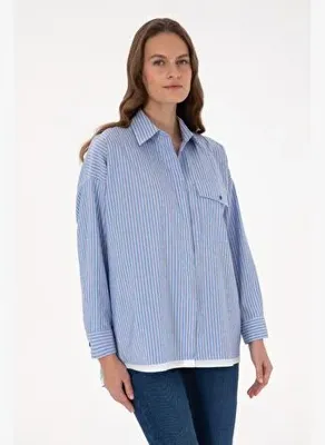 U.S. Polo Assn. Kadın Saks Çizgili Uzun Kollu Gömlek 50316369-VR032