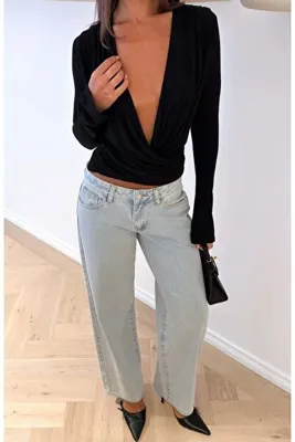 World Fashion Trends Kadın Siyah V Yaka İspanyol Kollu Esnek Sandy Bluz