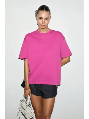 GRIMELANGE LAGERTHA Kadın %100 organik Pamuklu Kalın Dokulu Oversize Fit Yuvarlak Yakalı FUŞYA T-Shirt