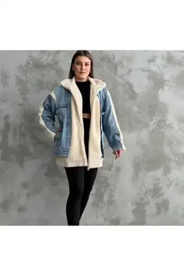 Sublime Butik Kadın Kot Garnili Peluş Beyaz Mont