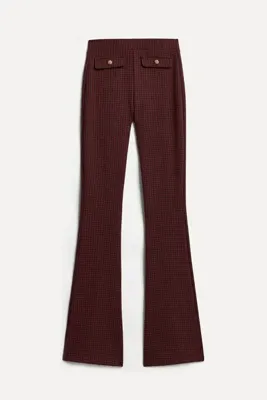 Mudo Kadın Kırmızı Ekoseli Flare Fit Örme Pantolon