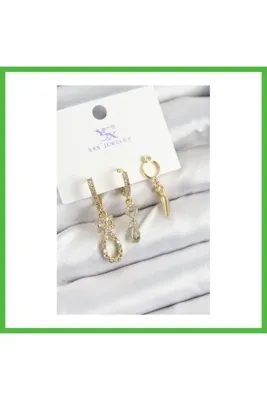 Vaveni Pirinç Zİrkon Taşlı Sallantılı Model Gold Renk 3'lü Kadın Küpe ARZ