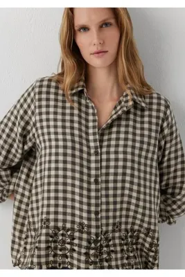 Mavi Nakış Detaylı Kareli Gömlek Loose Fit / Bol Rahat Kesim 1211298-91757