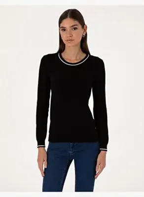 Pierre Cardin Kadın Siyah Slim Fit Çizgi Detaylı Basic Kazak 50315910-VR046