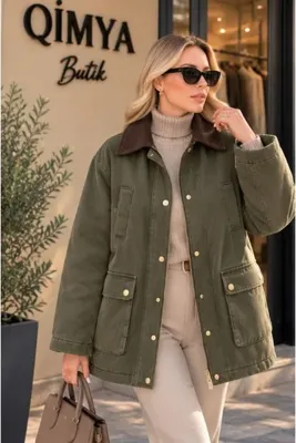 QİMYA BUTİK ROBİN Kadın Kadife Yaka Ekose Astarlı Hafif Dolgulu Gabardin MONT KABAN