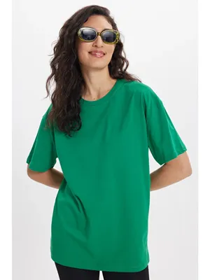 Tudors Kadın Slim Fit Dar Kesim %100 Pamuk Kısa Kollu Bisiklet Yaka Yeşil Tişört