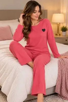 PİJART Kadın Nar Çiçeği Fitilli Örme Pijama Takımı